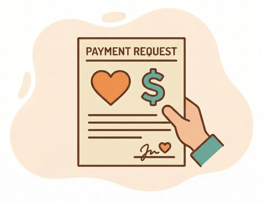 A hand holding a letter with ❤️ and $ icons representing the exceptional payment request assistant.