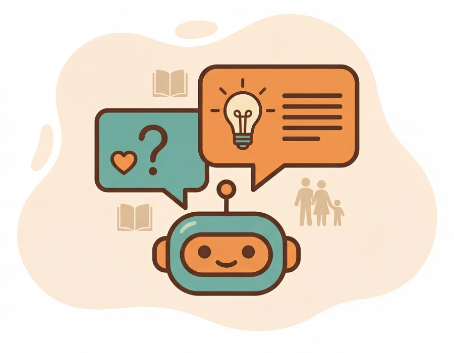 A robot in dialogue, with question, insight, and care icons. Representing the caregiver information assistant.