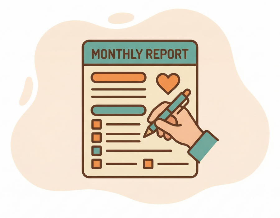 A form with a heart icon and checklist items being filled in, representing the Monthly Report assistant.